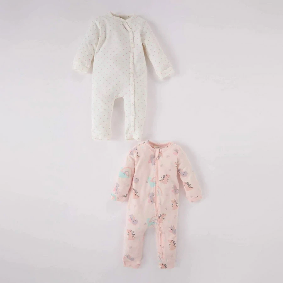 Defacto Baby Girl Newborn Dinosaur Printed 2-Piece Long Sleeve Romper
