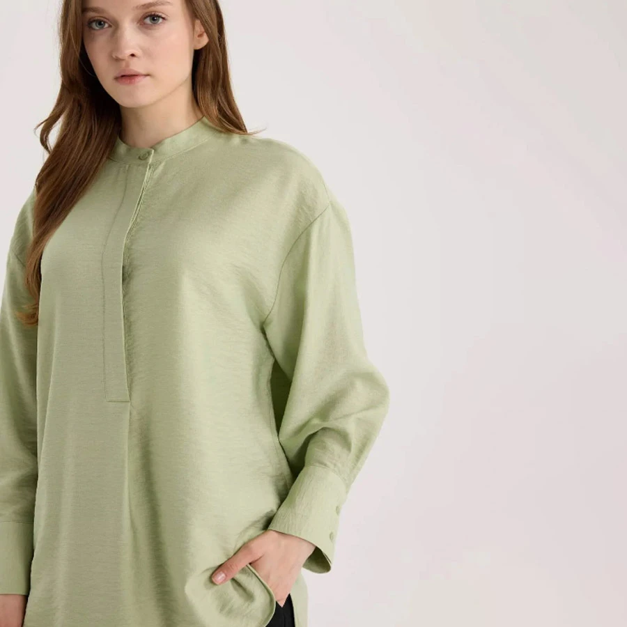Defacto Relax Fit Prevailing Collar Basic Solid Long Sleeve Shirt Tunic