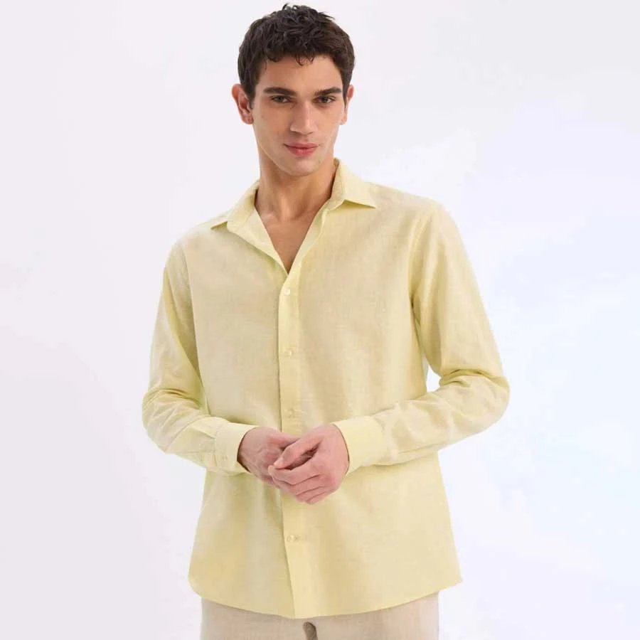 Defacto Regular Fit Polo Collar Linen Blended Summer Long Sleeve Shirt