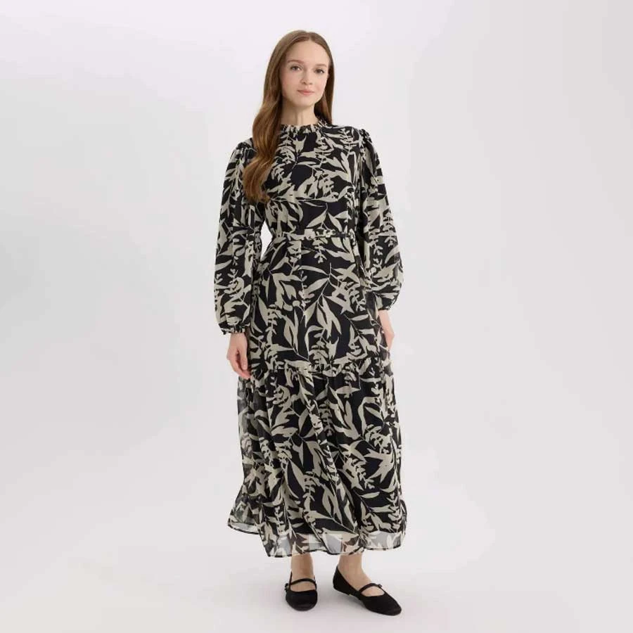 Defacto Crew Neck Print Chiffon Long Sleeve Maxi Dress
