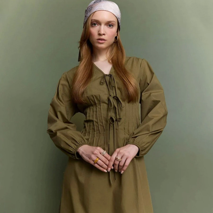 Defacto V-Neck Poplin Front Tie Long Sleeve Maxi Dress