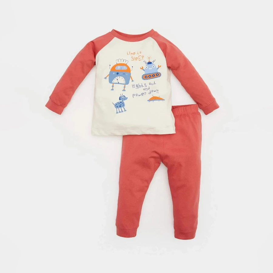 Defacto Baby Boy Pajamas Set – Vehicle Printed Long Sleeve Top & Elastic Waist Bottom