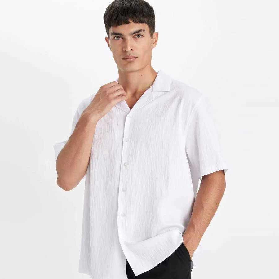 Defacto Relaxed Fit Polo Collar White Crinkle Short Sleeve Shirt