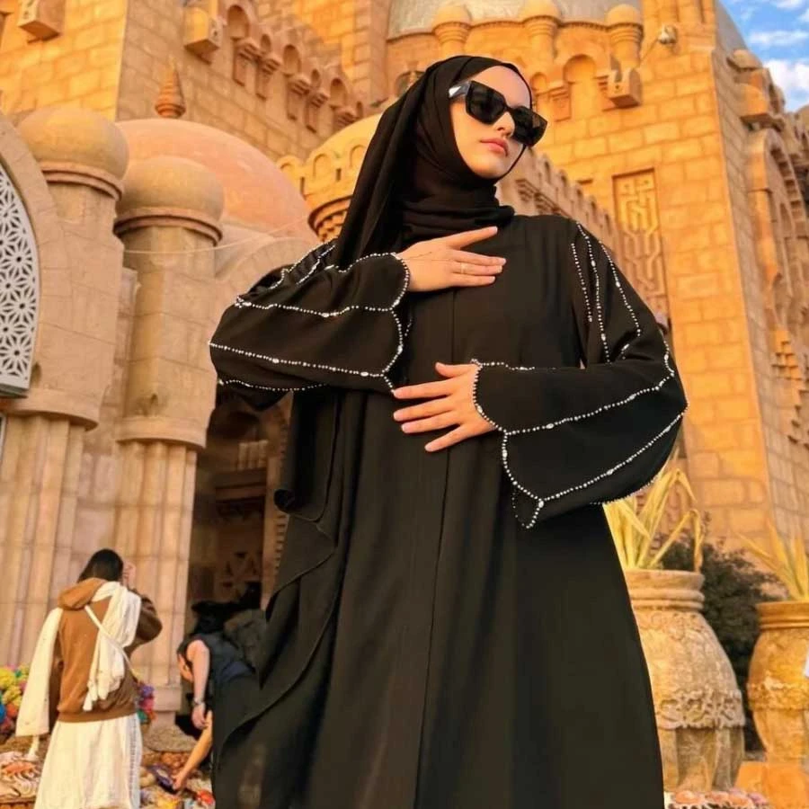 Ferraceci Black Dubai Silk Ferace with Handcrafted Stone Embroidery on the Sleeves