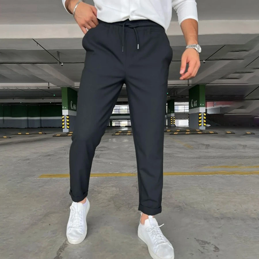 Men's Black Jogger Elastic Waist Laced Double Leg Lycra Comfortable Fit Trousers