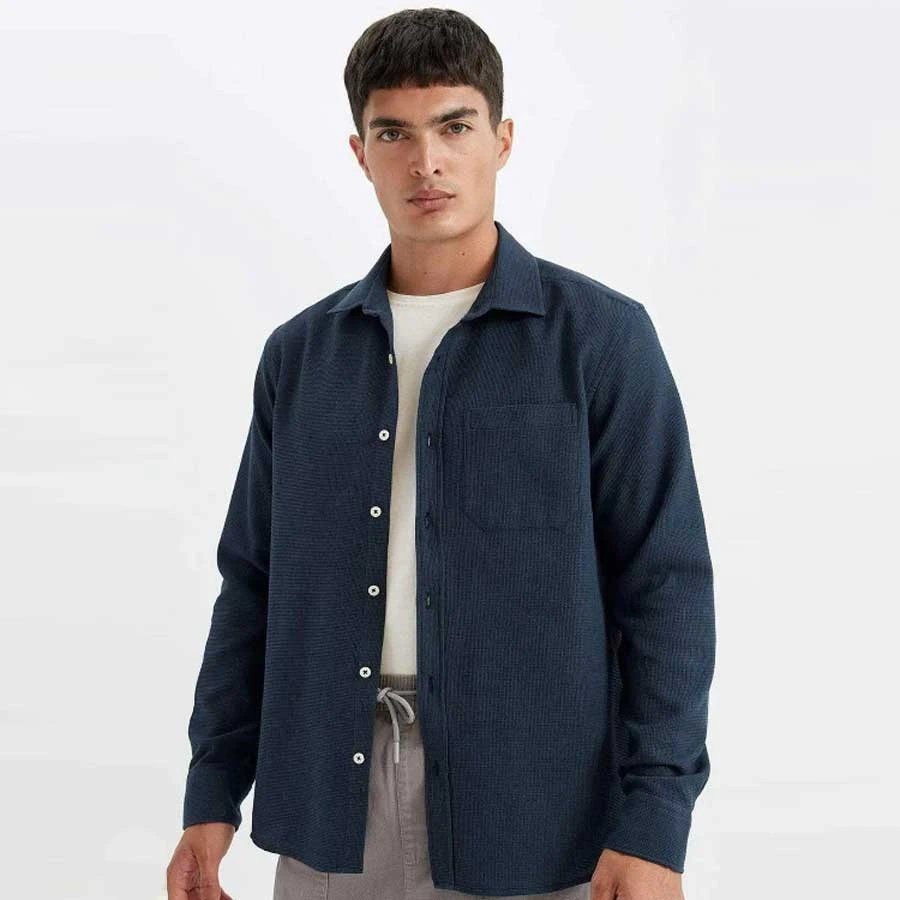 Defacto 100% Cotton Regular Fit Waffle Basic Plain Long Sleeve Shirt