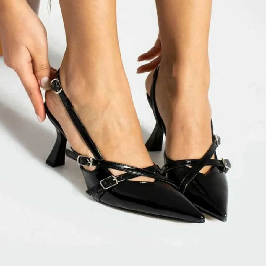 Kumsal Shoes Biyana Double Banded Buckle Detailed Black Patent Leather Women’s Heeled Shoes