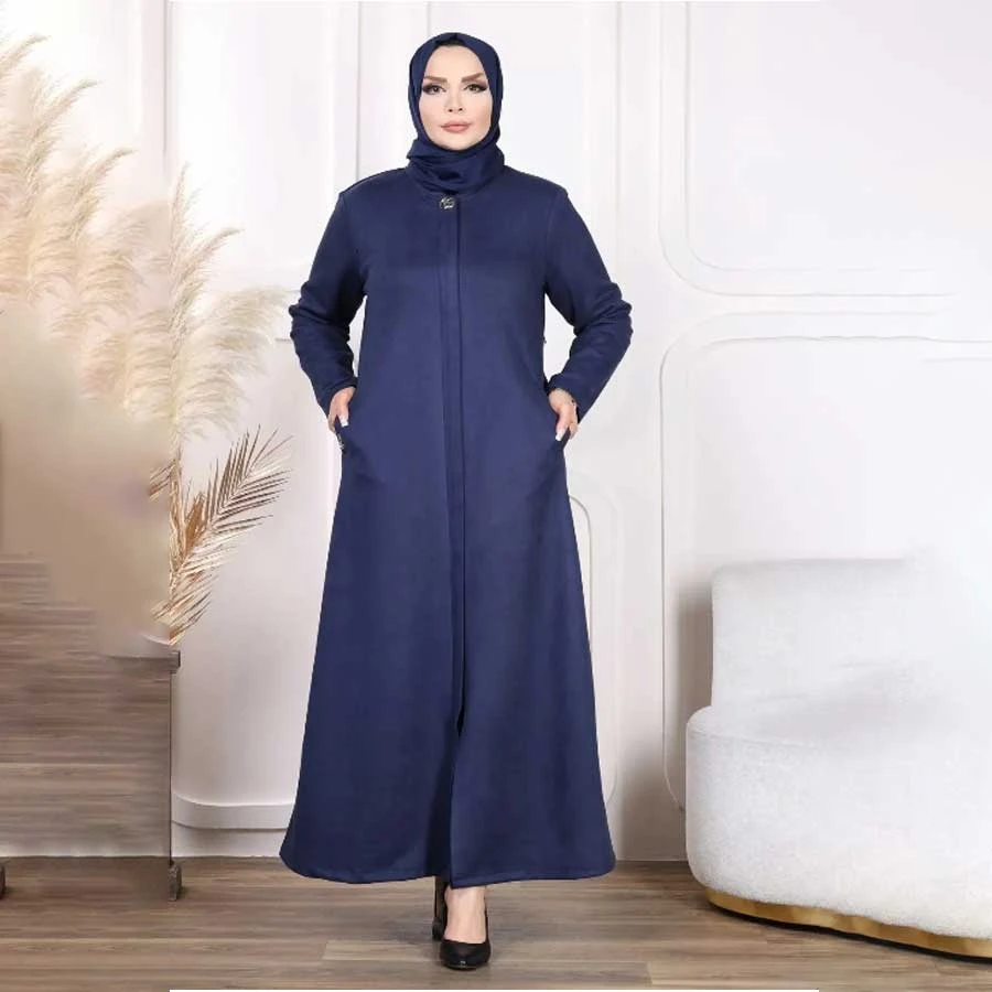 Tugrali Tesettür Suede Navy Blue Bomber College Collar Winter Ferace / Hijab Coat