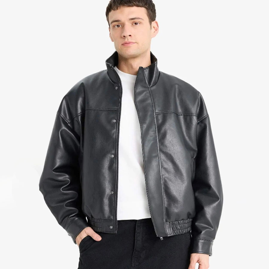 Defacto Water Repellent Oversize Wide Fit Stand Collar Faux Leather Coat