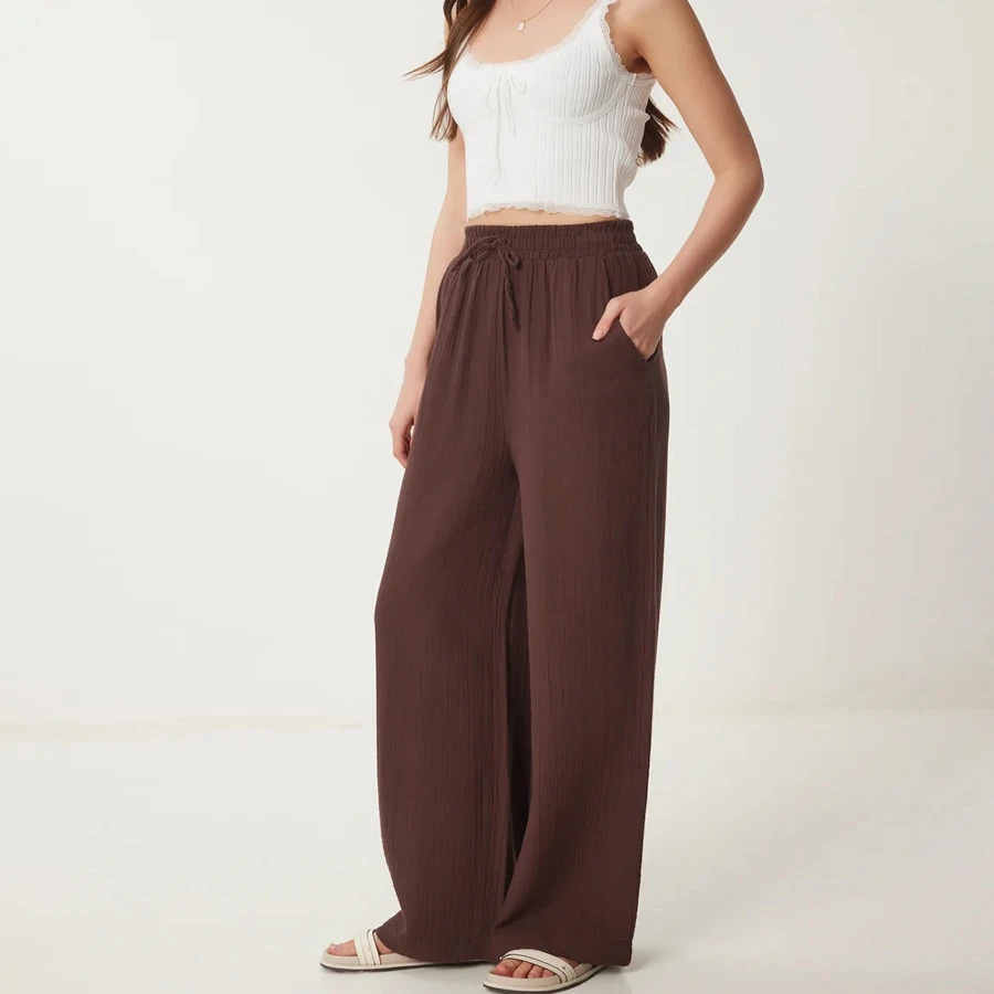 Lovelyistanbul Muslin Palazzo Trousers Brown