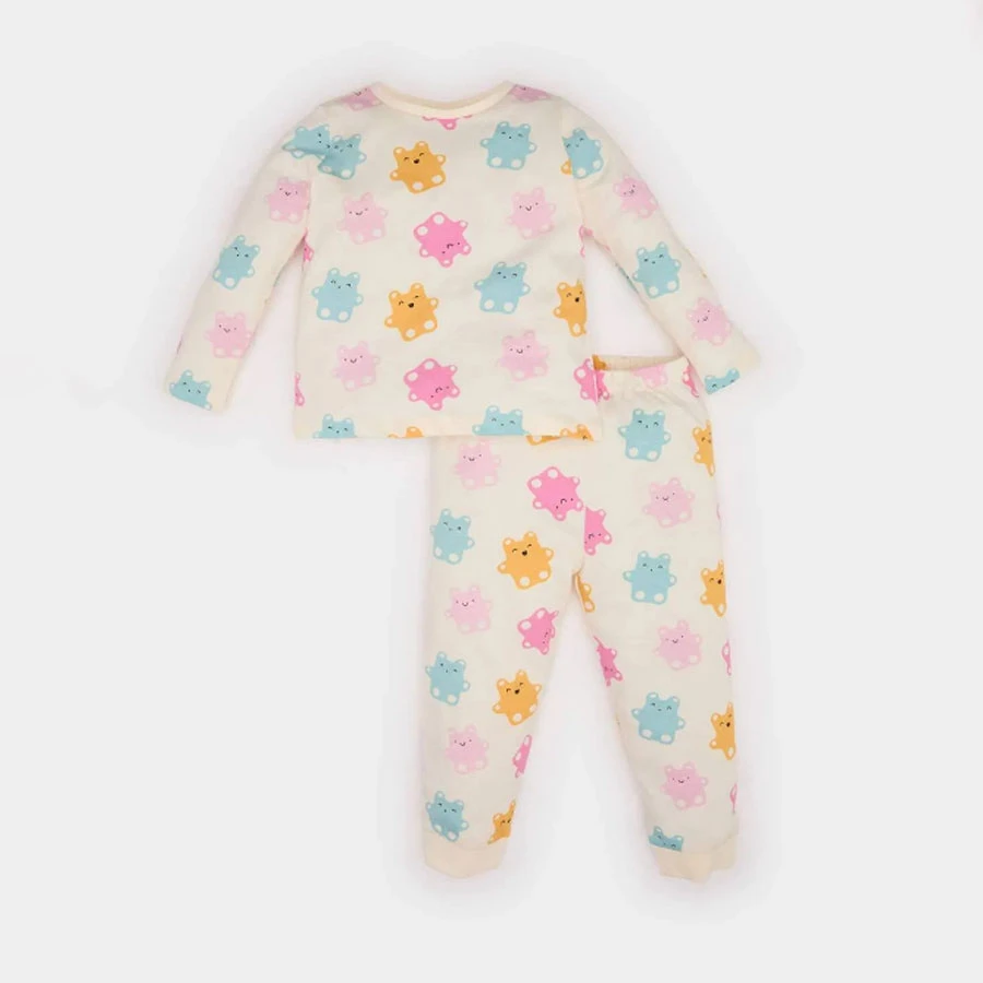Defacto Baby Girl Pajamas Set Bear Printed Long Sleeve Combed Cotton Top Elastic Waist Long Bottom