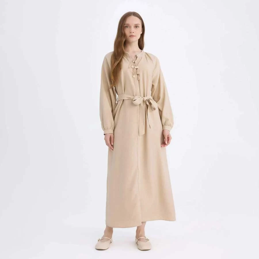 Defacto Relax Fit Judge Collar Long Sleeve Belted Maxi Hijab Dress