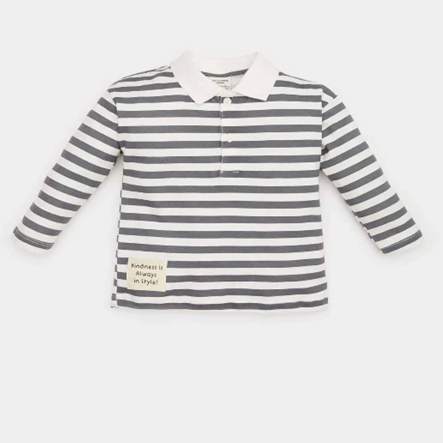 Defacto Baby Boy Polo Collar Label Printed Striped Long Sleeve T-Shirt