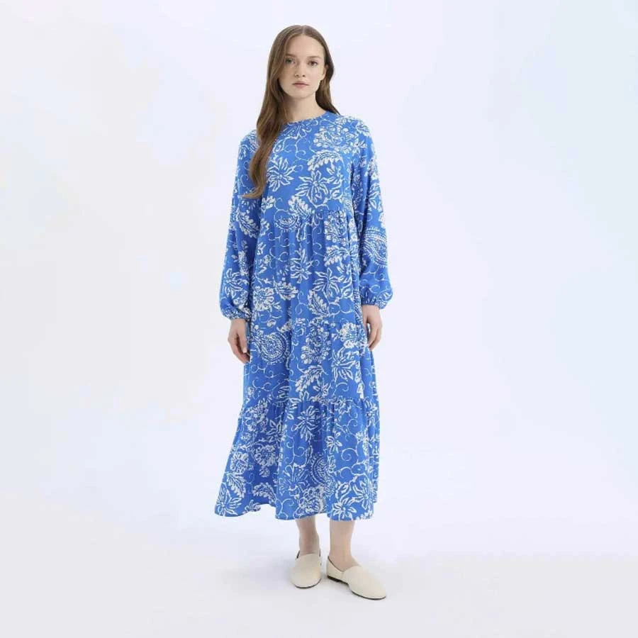 Defacto Crew Neck Patterned Long Sleeve Maxi Hijab Dress