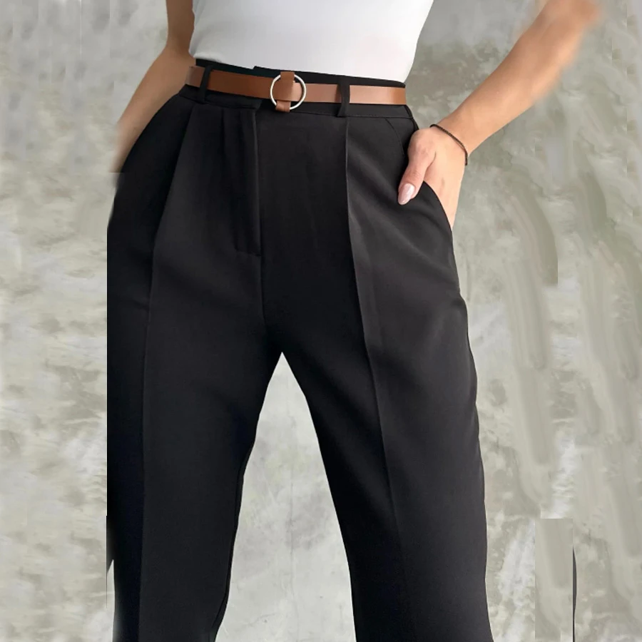 macharel jeans Women’s Skinny Leg Pleated Belted Seasonal Fabric Trousers Black