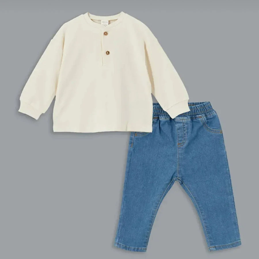 LC Waikiki LCW Baby – Ecru Crew Neck Baby Boy Sweatshirt & Pants (2-Piece Set