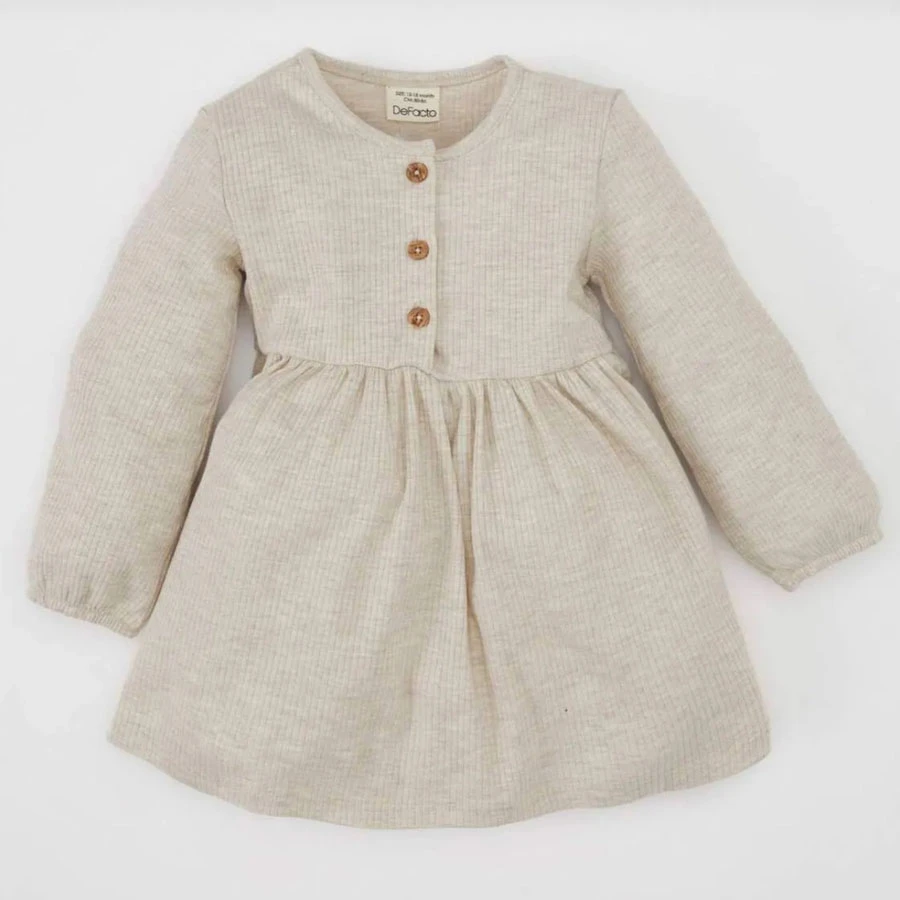 Defacto Baby Girl Crew Neck Ribbed Camisole Long Sleeve Basic Plain Dress