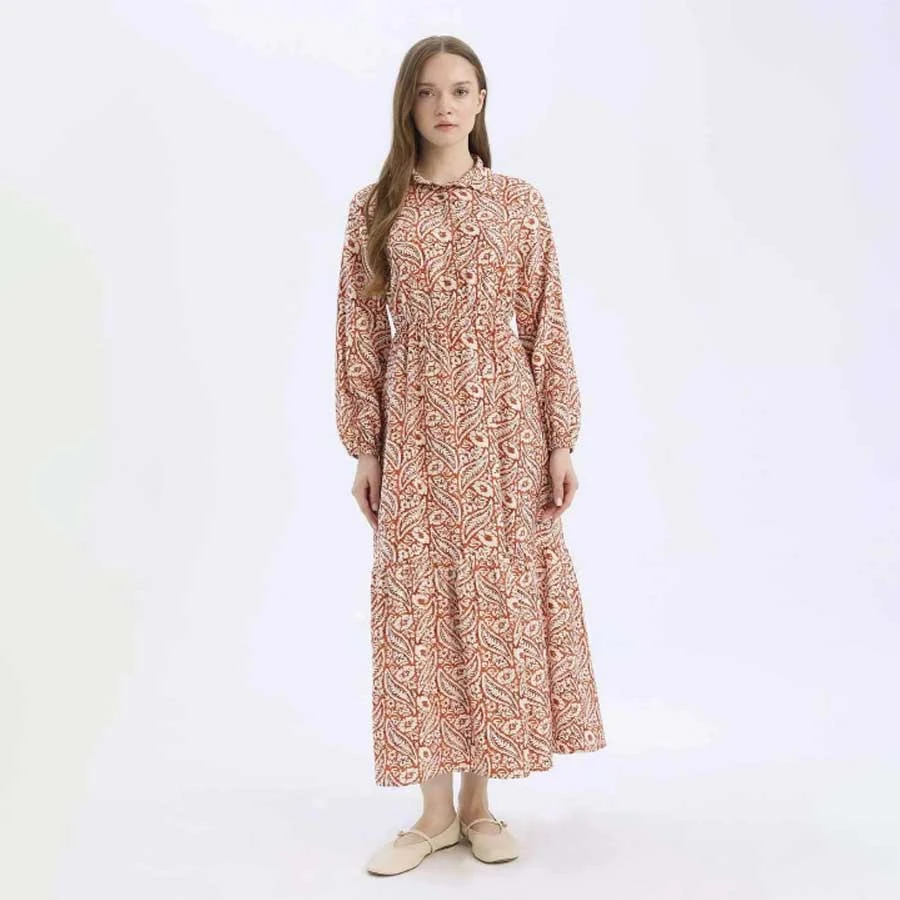 Defacto Shirt Collar Pattern Long Sleeve Maxi Dress