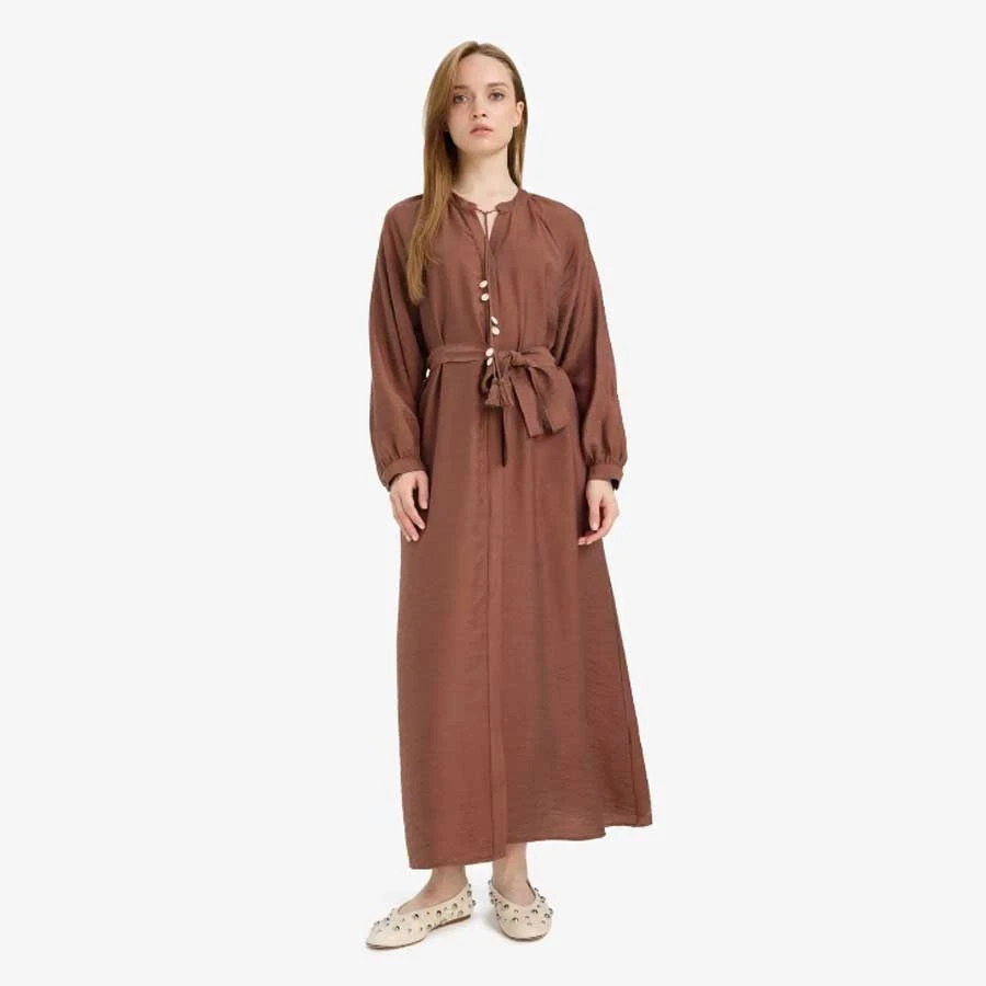 Defacto Relax Fit Prevailing Collar Long Sleeve Belted Maxi Dress
