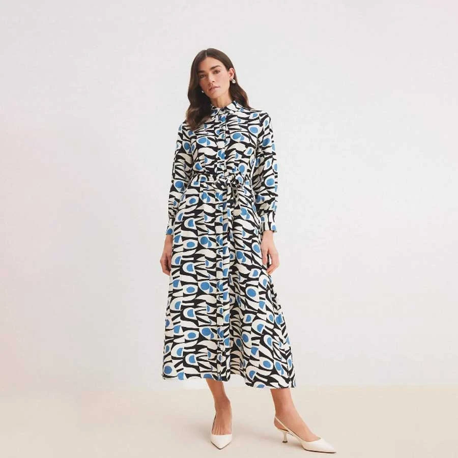 Defacto Shirt Collar Patterned Belted Long Sleeve Maxi Hijab Dress