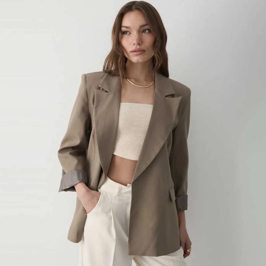 JASTE Women’s Khaki Striped Lined Sleeve Detailed Blazer Jacket