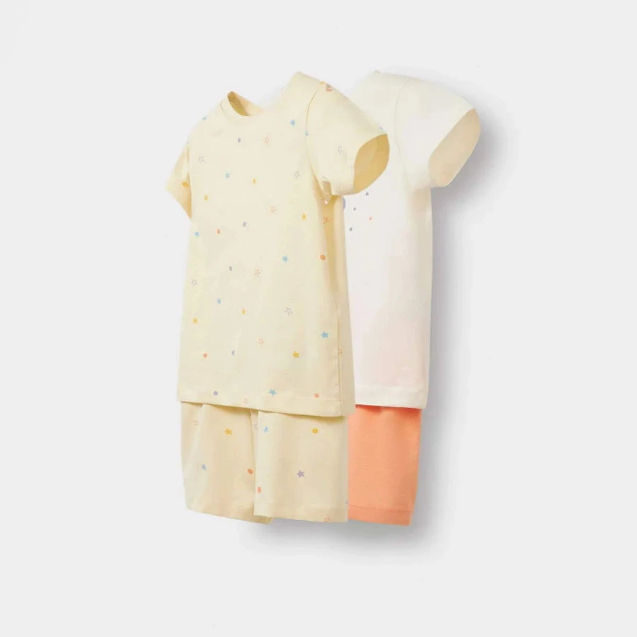 Defacto Baby Girls 4-Piece Pajamas Set Star Pattern Short Sleeve Combed Cotton Top Elastic Waist Shorts