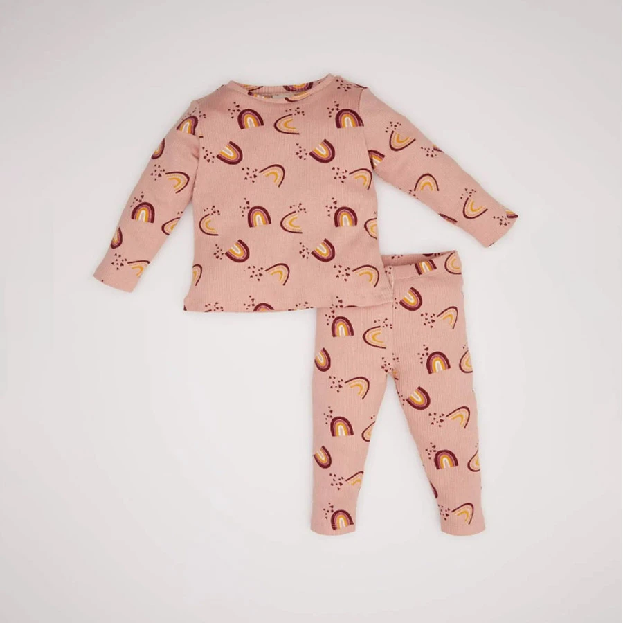 Defacto Baby Girl Rainbow Printed Long Sleeve Ribbed Camisole 2-Piece Pajamas Set
