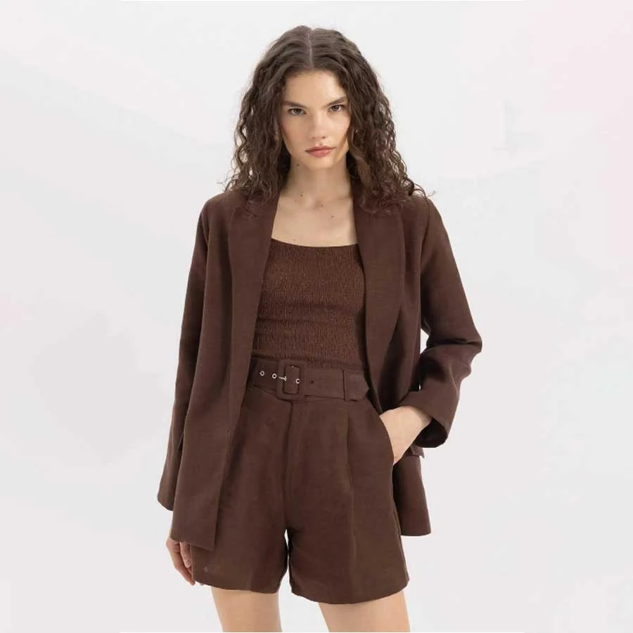 Defacto 100% Linen Oversize Wide Fit Buttoned Basic Plain Blazer Jacket