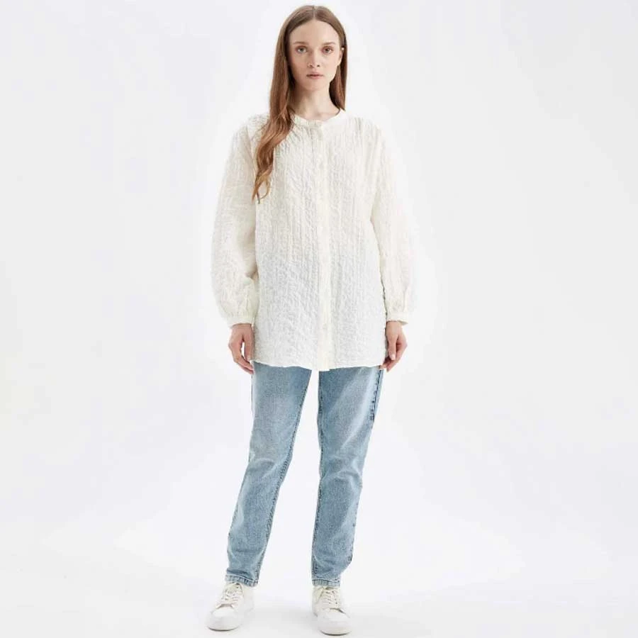 Defacto Relax Fit Seersucker Textured Long Sleeve Hijab Shirt Tunic