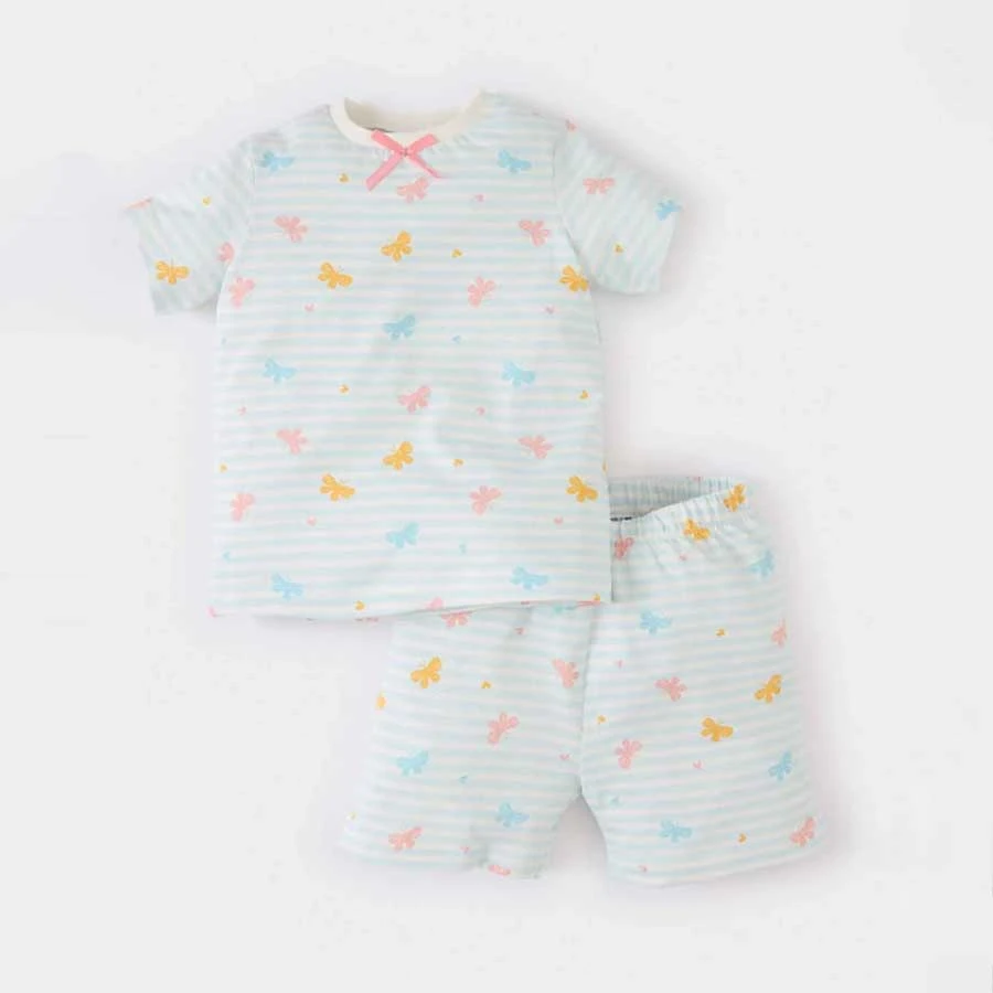Defacto Baby Girl Pajama Set Butterfly Pattern Short Sleeve Combed Cotton Top Elastic Waist Shorts