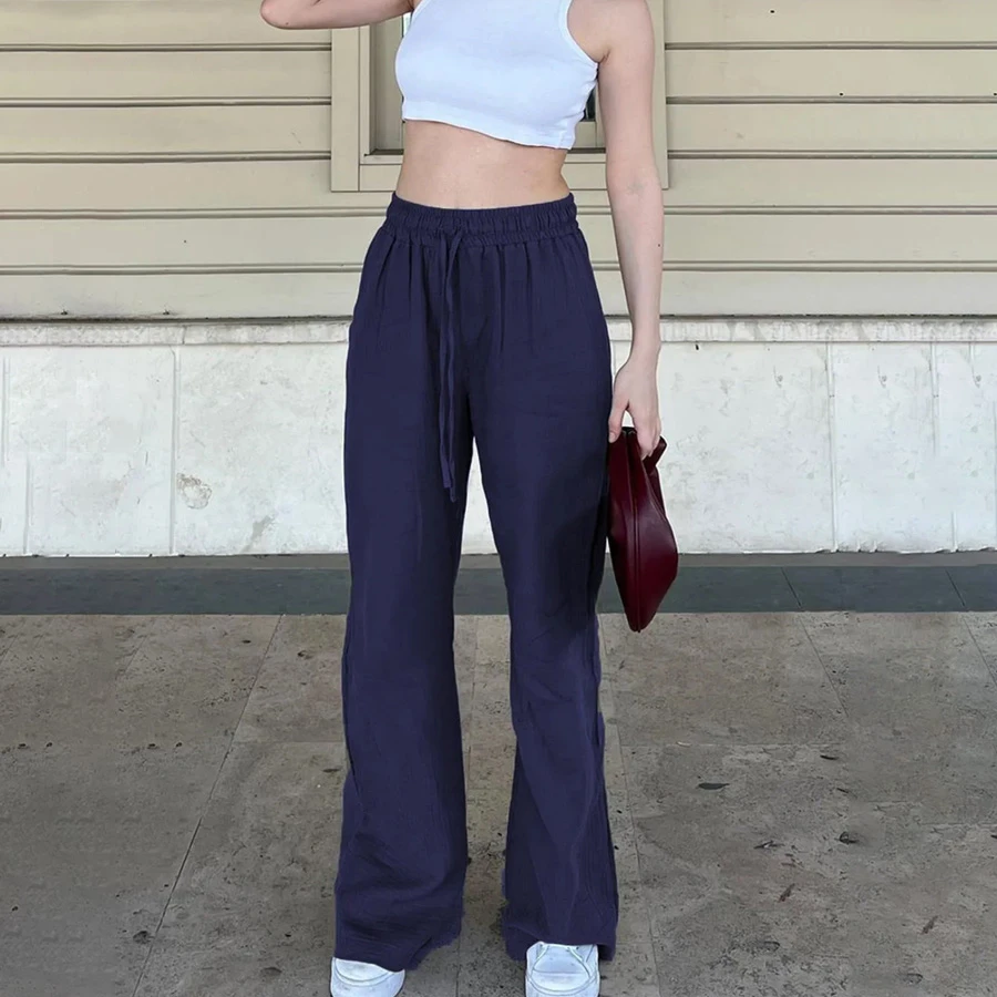 Madmext Navy Blue Wide Leg Muslin Women's Trousers