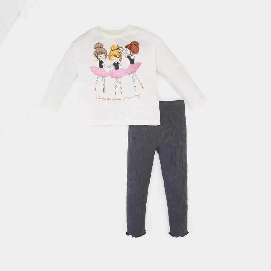Defacto Baby Girl 2-Piece Set Ballerina Printed Long Sleeve T-Shirt with Elastic Waist Leggings