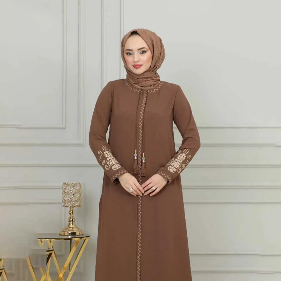 ISTANBUL STYLES Crepe Fabric Embroidered Zippered Large Size Ferace