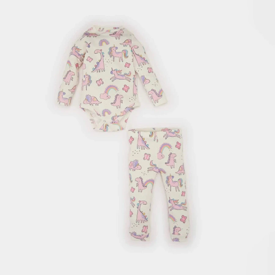 Defacto Baby Girl 2-Piece Set – Leopard Pattern Ribbed Camisole & Snap Fastener Bodysuit with Long Bottoms