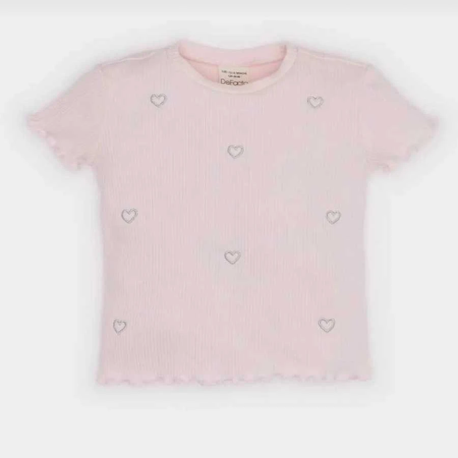 Defacto New Season Baby Girl Crew Neck Heart Patterned Ribbed Camisole Short Sleeve T-Shirt