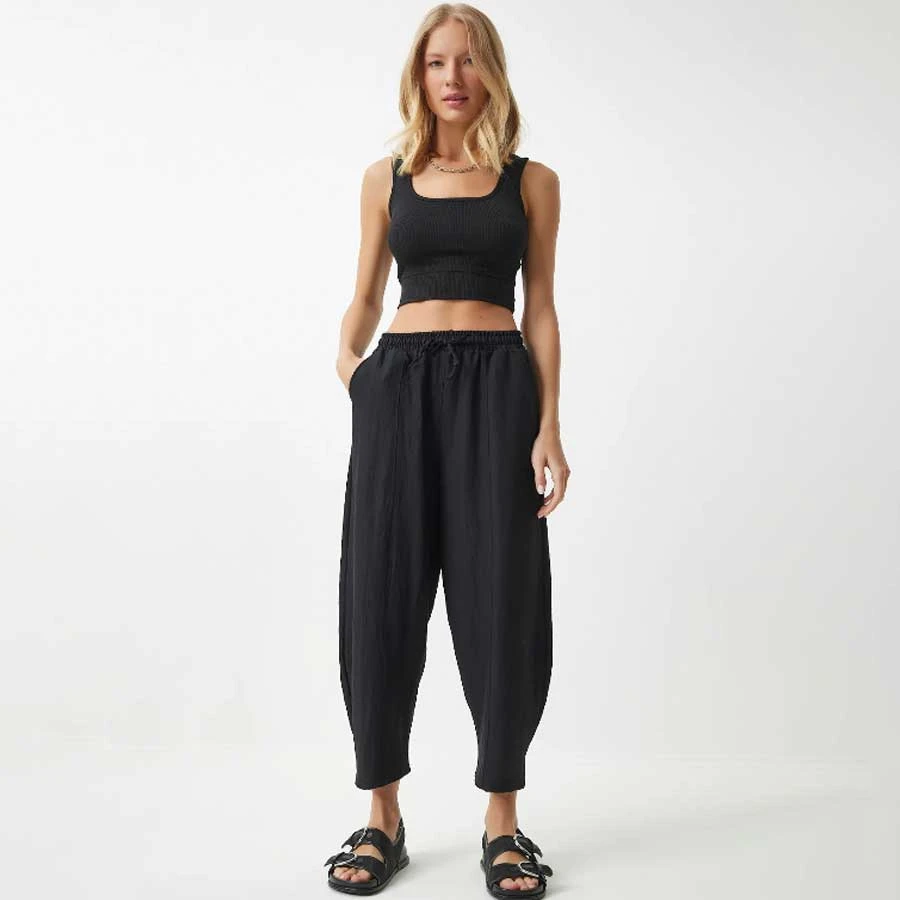 Happiness Istanbul Women’s Black Pocketed Linen Viscose Shalwar Trousers