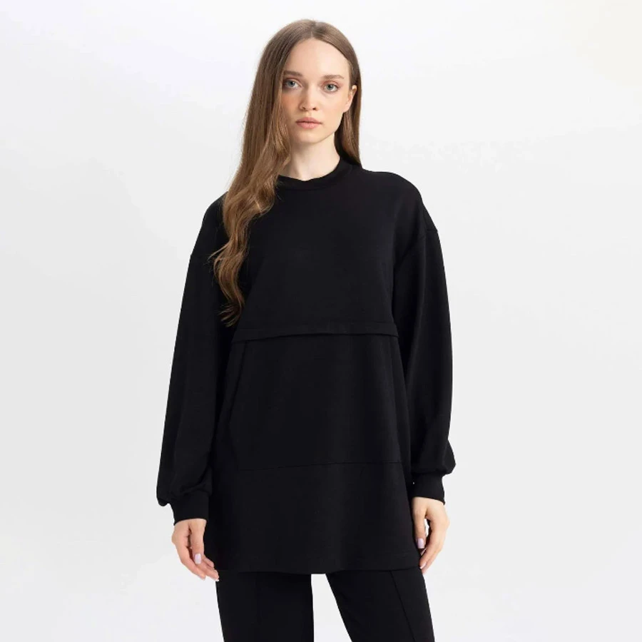 Defacto Regular Fit Crew Neck Kangaroo Pocket Basic Plain Sweatshirt Tunic