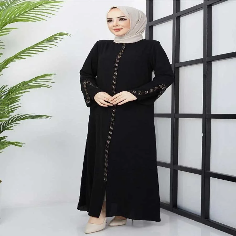 Genel Markalar Medina Silk Summer Ferace with Laser Cut Stones on the Sleeves