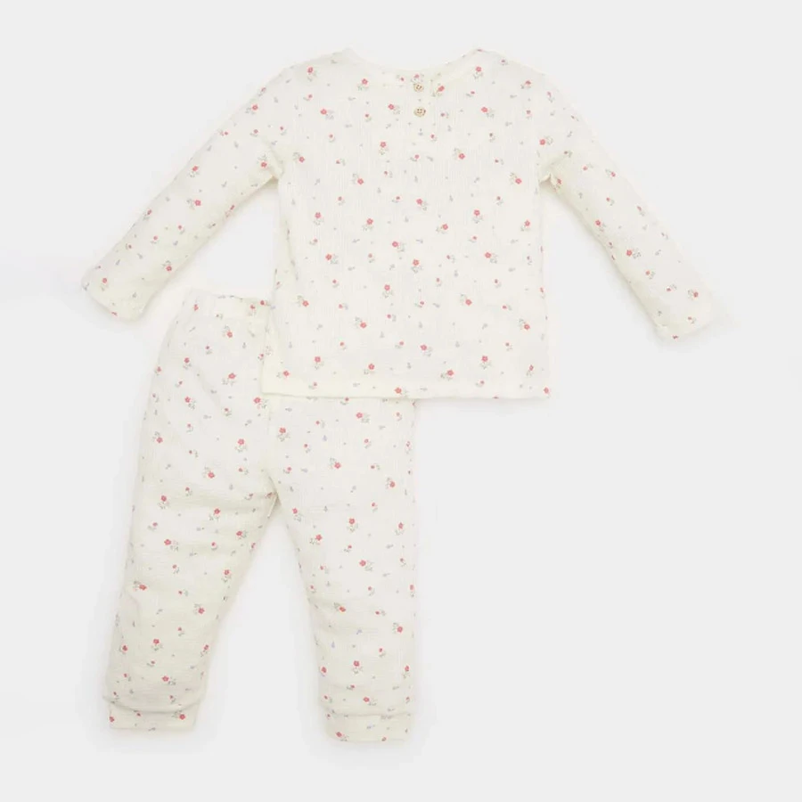 Defacto Floral Print Waffle Pajamas Set for Baby Girl - Long Sleeve and Elastic Waist