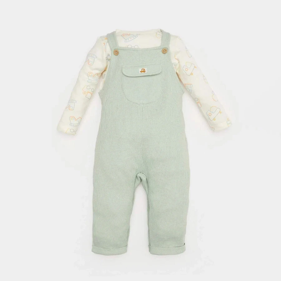 Defacto Baby Boy 2-Piece Set Vehicle Printed Waffle Long Sleeve T-Shirt with Salopet