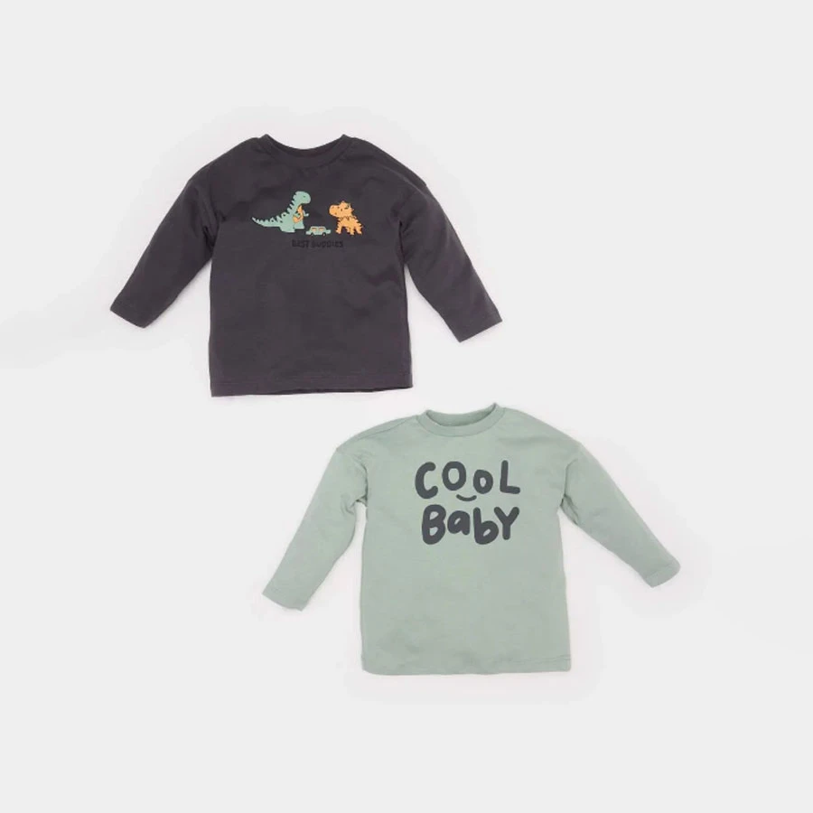 Defacto Baby Boy Newborn Crew Neck Printed Combed Cotton 2-Piece Long Sleeve T-Shirt