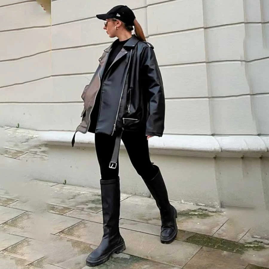 buqre’s moda Oversize Women’s Long Biker Leather Jacket