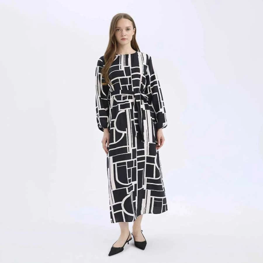 Defacto Regular Fit Crew Neck Print Belted Long Sleeve Maxi Dress