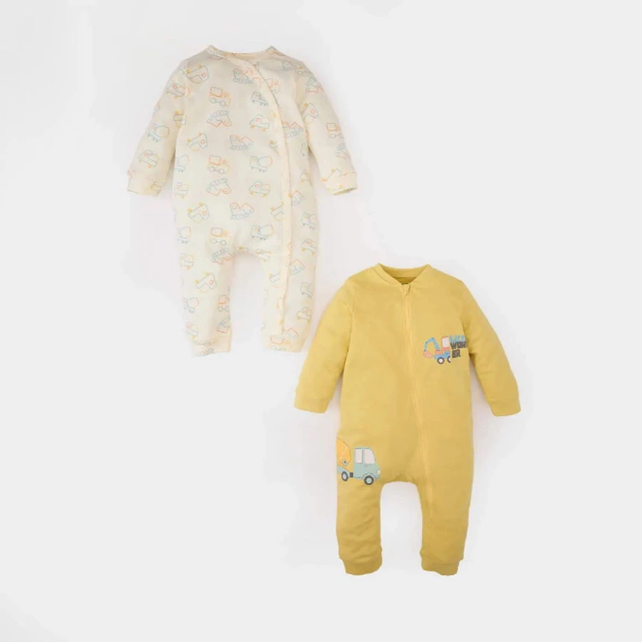 Defacto Baby Boy Newborn Vehicle Printed 2-Piece Long Sleeve Zippered Jumpsuit