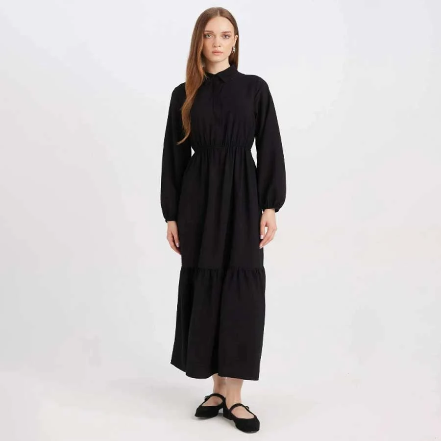 Defacto Shirt Neck Long Sleeve Maxi Dress - Solid Button and Waist Drawstring