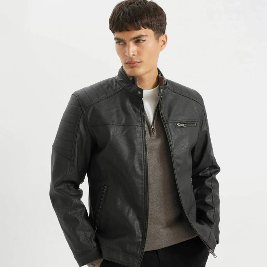 Defacto Slim Fit Faux Leather Coat Jacket Slim Fit Stand Collar Zipper Pocket Seasonal