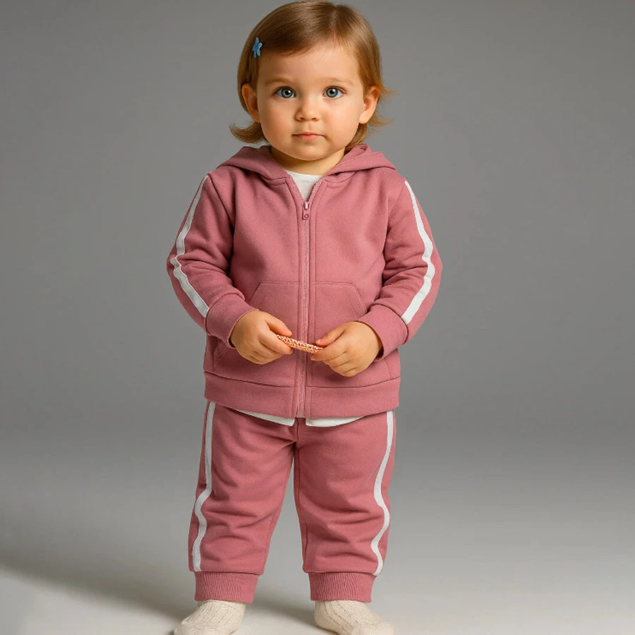 Mai Perla Side Striped Kangaroo Pocket Zippered Sportswear 2-Piece Baby Set