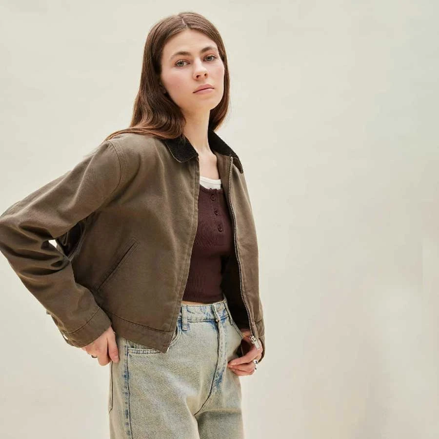 Defacto Regular Fit Contrast Collar Zippered Basic Plain Pocket Seasonal Cotton Jacket Coat