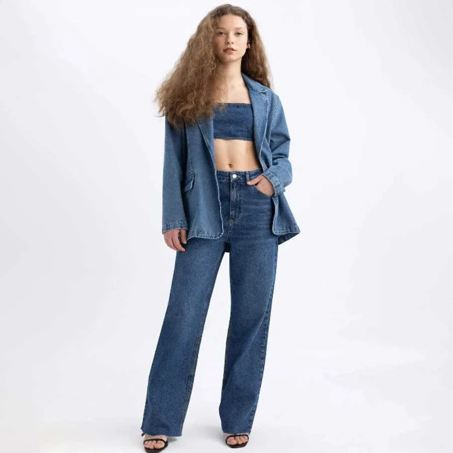 Defacto Oversize Wide Fit Button Jean Blazer Jacket