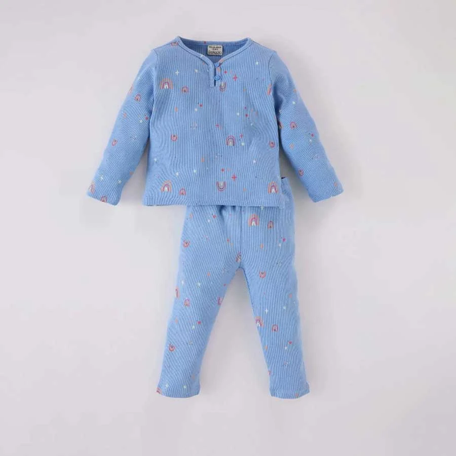 Defacto Rainbow Printed Ribbed Baby Girl Pajama Set - Long Sleeve, Long Bottom